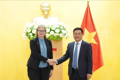 Министр промышленности и торговли Нгуен Хонг Зиен (справа) и посол Швеции во Вьетнаме Анн Маве на встрече в Ханое 9 мая. (Фото: ВИА)