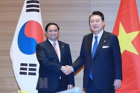 Премьер-министр Фам Минь Тьинь встретился с президентом Южной Кореи Юн Сук Ёлем. (Фото: Зыонг Жанг/ВИА)