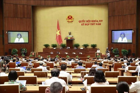 Управляющий Государственного банка Вьетнама Нгуен Тхи Хонг представила отчет о Законопроекте о кредитных учреждениях (с поправками). (Фото: ВИА)