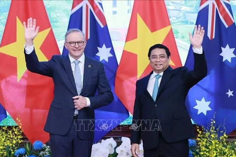 Премьер-министр Фам Мин Тьинь и премьер-министр Австралии Энтони Альбанезе осматривают почетный караул в Ханое 4 июня. ( Фото: ВИА )