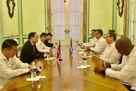 Вьетнамская делегация встречается с министром иностранных дел Кубы Бруно Родригесом во время своего визита на Кубу. (Фото: ВИA)