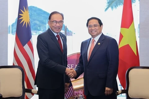 Во второй половине дня 10 мая премьер-министр Фам Минь Тьинь (справа) встретился с премьер-министром Малайзии Анваром Ибрагимом по случаю 42-го саммита Ассоциации государств Юго-Восточной Азии (АСЕАН) в Лабуан Баджо, Индонезия. (Фото: ВИА)