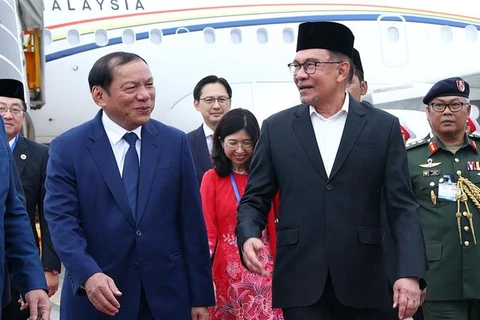 Министр культуры, спорта и туризма Нгуен Ван Хунг приветствует премьер-министра Малайзии Анвара Ибрагима и его супругу в международном аэропорту Нойбай. (Фото: ВИА)
