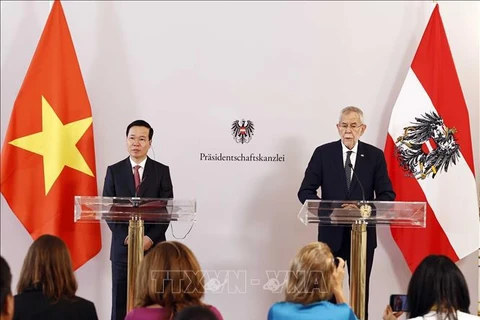 Президент Во Ван Тхыонг и Президент Австрийской Республики Александр Ван дер Беллен провели совместную пресс-конференцию после переговоров. (Фото: Тхонг Нят/ВИА)