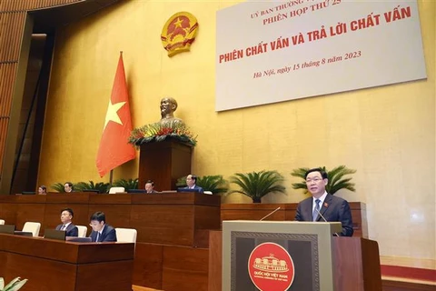 Председатель Национального собрания Выонг Динь Хюэ выступил со вступительным словом на сессии вопросов и ответов. (Фото: ВИА)