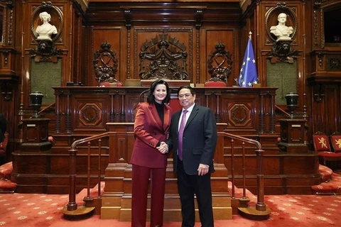 Премьер-министр Фам Минь Тьинь (справа) и председатель Сената Бельгии Стефани ДХосе на фотографии, сделанной в Брюсселе в прошлом году. (Фото: ВИА) 