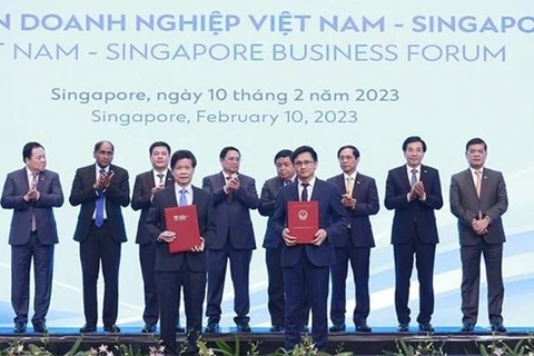 Премьер-министр Фам Минь Тьинь (пятый справа) стал свидетелем обмена соглашениями о сотрудничестве между агентствами и компаниями Вьетнама и Сингапура. (Фото: ВИA) 