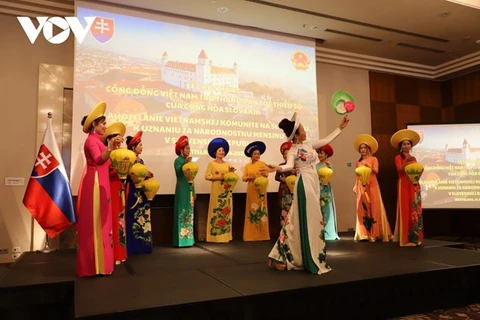Демонстрация вьетнамского традиционного длинного платья «Аозай» на мероприятии (Фото: vov.vn ) 