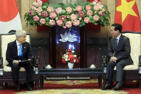 Президент Во Ван Тхыонг (справа) принимает председателя Сената Японии Оцудзи Хидэхиса. (Фото: Тхонг Нят/ВИА)