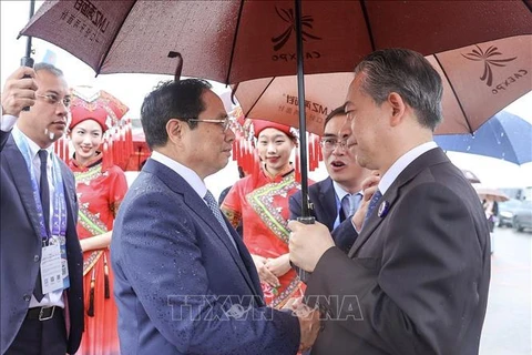 Премьер-министр Фам Минь Тьинь прибыл в город Наньнин для участия в 20-й выставке CAEXPO и CABIS. (Фото: Зыонг Жанг/ВИА)