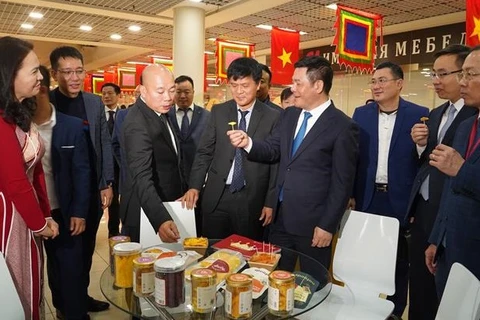 Министр промышленности и торговли Нгуен Хонг Зиен (в центре) посетил стенд компании-производителя сухофруктов Nafood, закрепившейся на российском рынке. (Фото: ВИА)