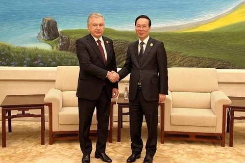 Президент Во Ван Тхыонг и Президент Узбекистана Шавкат Мирзиёев во время встречи в Пекине (Китай) 17 октября 2023 года. (Фото: ВИА)