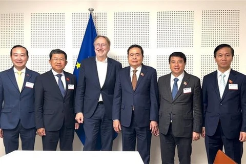 Постоянный заместитель председателя Национального собрания (НС) Вьетнама Чан Тхань Ман (третий справа) и председатель Комитета по международной торговле (INTA) Европейского парламента (ЕП) Бернд Ланге (третий слева) на групповом фото. (Фото: ВИA)