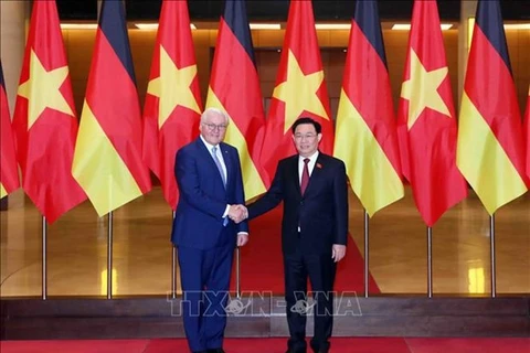 Председатель Национального собрания Выонг Динь Хюэ (справа) и президент Германии Франк-Вальтер Штайнмайер во время встречи в Ханое 23 января. (Фото: ВИA)