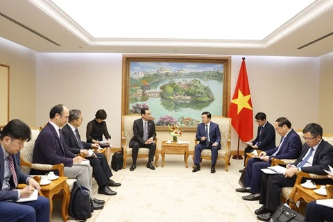 Вице-премьер Чан Хонг Ха (справа) и управляющий директор JBIC Танимото Масаюки на встрече в Ханое 29 марта (Фото: ВИA)