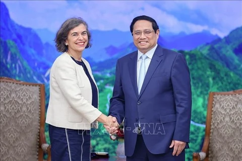 Премьер-министр Фам Минь Тьинь (справа) принимает нового посла Испании во Вьетнаме Кармен Кано де Ласала в Ханое 4 апреля. (Фото: ВИA)