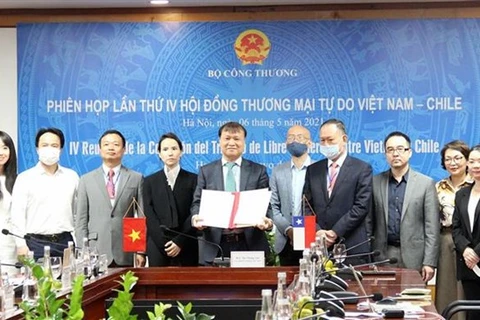 Заместитель министра промышленности и торговли До Тханг Хай (в центре) позирует для группового фото с участниками встречи в Ханое (Фото: ВИА)