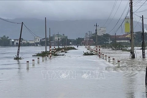 Продолжительный проливной дождь затопил дорогу DT640, соединяющую районы Туйфыок и Фукат в центральной провинции Биньдинь, нарушив движение транспорта. (Фото: ВИА) 