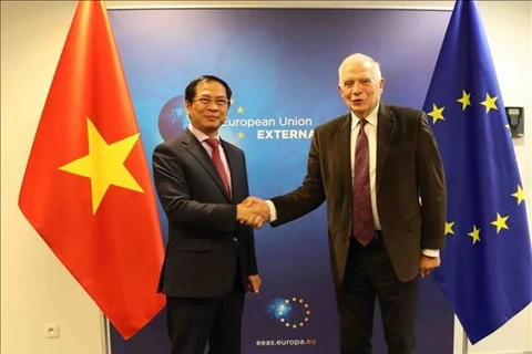 Министр иностранных дел Вьетнама Буй Тхань Шон (слева) и Жозеп Боррель, Верховный представитель ЕС по иностранным делам и политике безопасности, вице-президент Европейской комиссии. (Фото: ВИА)