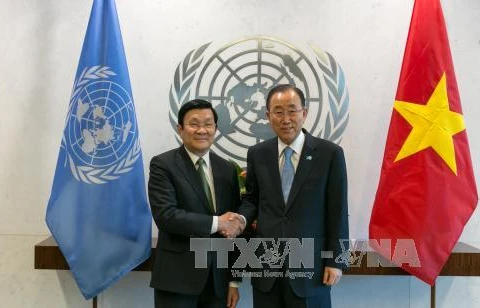 越南国家主席张晋创会见联合国秘书长潘基文。