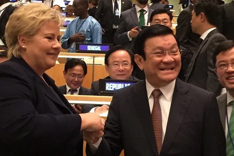 越南国家主席张晋创会见了挪威首相埃尔娜·索尔贝格。（图片来源：越通社）