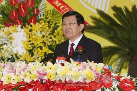 国家主席张晋创在大会上发表讲话（图片来源：越通社）