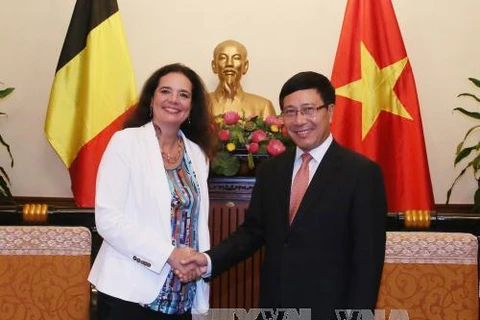 越南政府副总理兼 外长范平明副会见比利时参议长克里斯蒂娜·德弗莱涅。