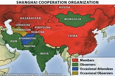 上海合作组织成员和观察员地图（图片来源：Strategic Forecasting, Inc）