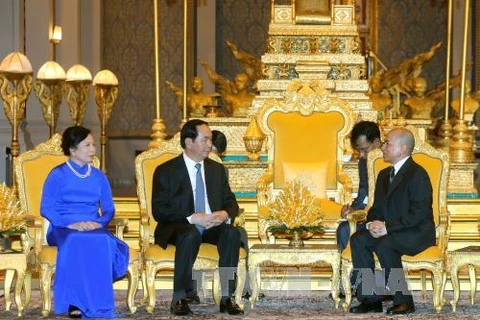 越南国家主席陈大光会见柬埔寨国王诺罗敦·西哈莫尼（图片来源：越通社）