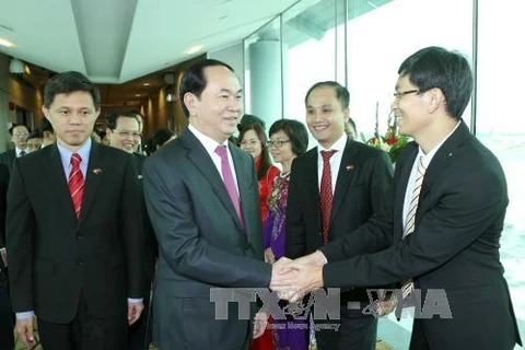 越南驻新加坡大使馆馆员前往机场迎接陈大光主席和夫人（图片来源：越通社）