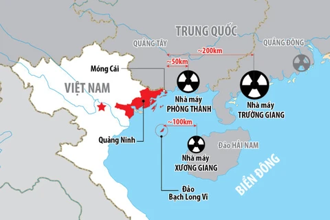 中国三座核电站的位置。