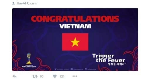 国际足联在推特上向越南U19队取得历史性战绩致以祝贺。
