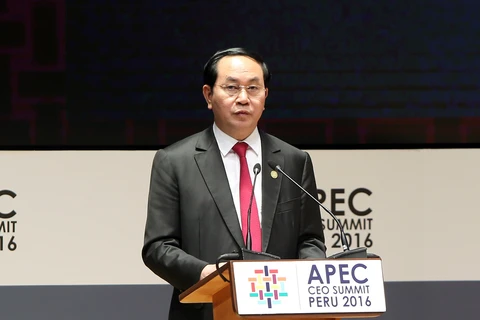 越南国家主席陈大光出席2016年亚太经合组织工商领导人峰会闭幕会并发表讲话（图片来源：越通社）