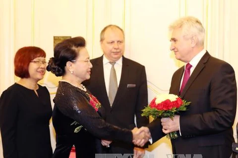 捷克参议院主席米兰•什捷赫迎接越南国会主席阮氏金银