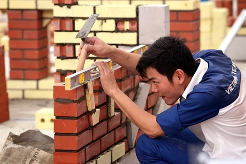 越南参赛者参加2014年第10届东盟手艺比赛建设技术赛项。