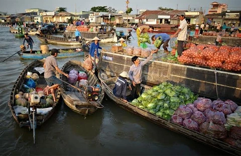 盖朗水上集市一般每天5时至9时开市。（图片来源：越南《人民军队报》）