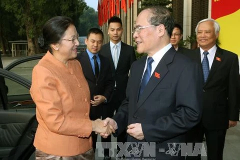 越南国会主席阮生雄会见老挝国会主席巴妮•雅陶都。（图片来源：越通社）