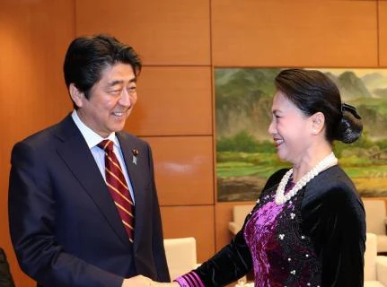 越南国会主席阮氏金银会见日本首相安培晋三(图片来源：越通社）