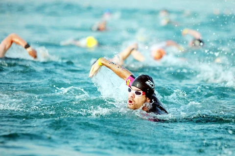 参加越南2016年铁人三项比赛游泳赛项的运动员。（图片来源：越通社）