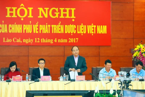 越南政府总理阮春福在全国药材发展工作视频会议上发表讲话。（图片来源：越通社）