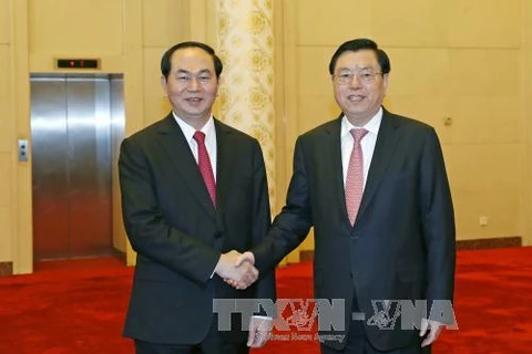 国家主席陈大光（左）会见中国全国人大常委会委员长张德江。（图片来源：越通社）