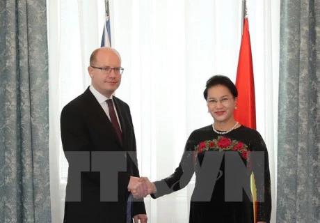 越南国会主席阮氏金银（右）会见捷克总理索布卡。