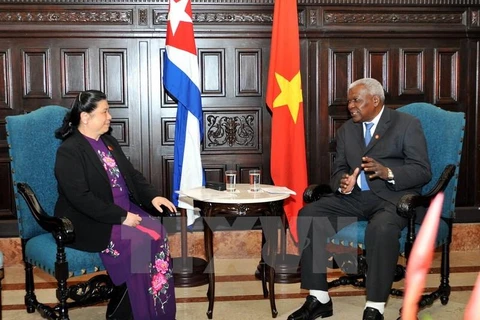附图：古巴共产党政治局委员、国会主席埃斯特万·拉索·埃尔南德斯于2017年2月15日会见来访的越南国会副主席丛氏放。（图片来源：越通社）