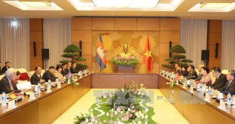 越南国会主席阮氏金银与柬埔寨国会主席韩桑林举行会谈。（图片来源：越通社）