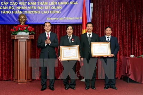 陈大光向越南驻俄大使阮青山授予一级劳动勋章（图片来源：越通社）