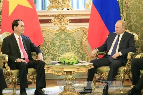 国家主席陈大光（左）同俄罗斯总统普京举行会谈。