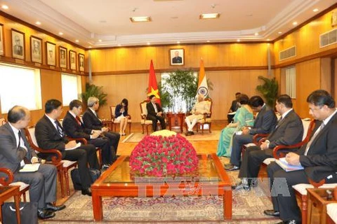 政府副总理兼外长范平明礼节性拜会印度副总统兼联邦院议长。（图片来源：越通社）