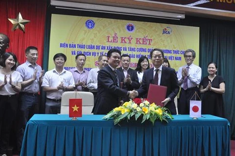 “制定与加强医疗保险支付方式管理和由越南医保基金支付的基本医疗服务”技术合作项目的讨论纪要签字仪式。