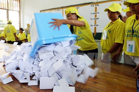 东帝汶议会选举委员会人员进行计票。（图片来源：EPA）