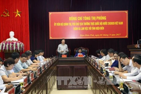 奠边省省委书记陈文山向丛氏放汇报该省发展情况。
